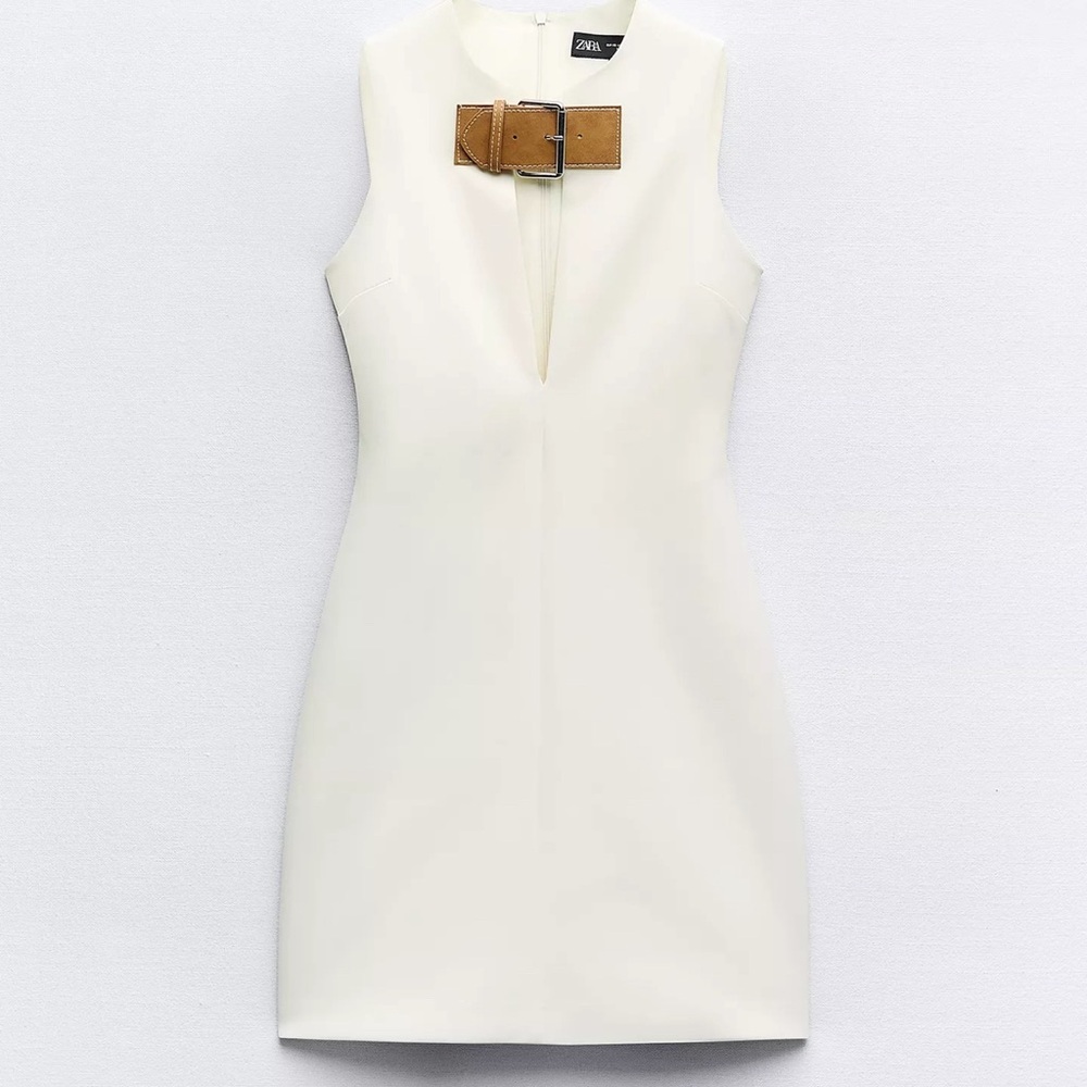Zara Cream Mini Dress with Tan Buckle